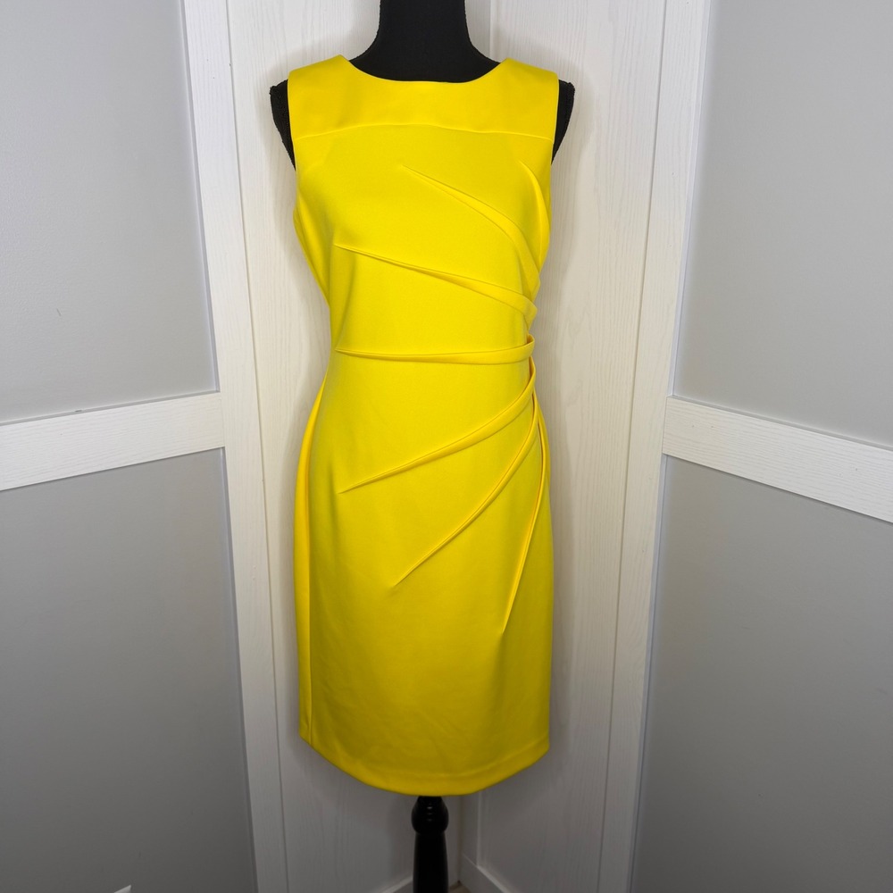 Calvin Klein Sheath Dress Women Size 8 Yellow Pleated Sunburst Stretch